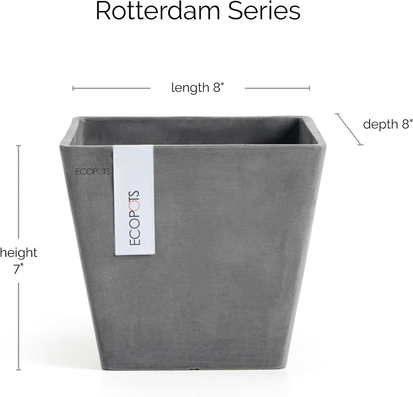 Ecopots Rotterdam Durable Modern Square Indoor/Outdoor Recycled-Based Composite Flower Planter, Grey, 8"
