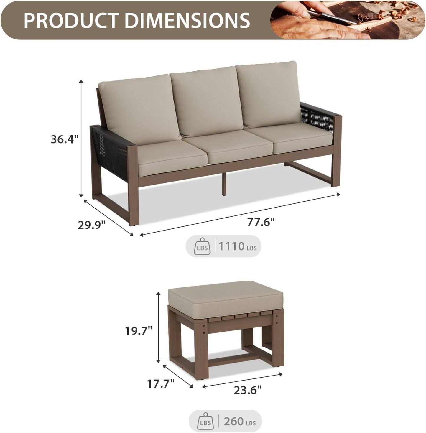 EAGLE PEAK Natural Wood Outdoor Patio Furniture, Cedar Furniture, Conversation Set, Outdoor Seating for Deck Patio Porch, Sofa & Ottomans, 3 Pieces, Brown/Beige
