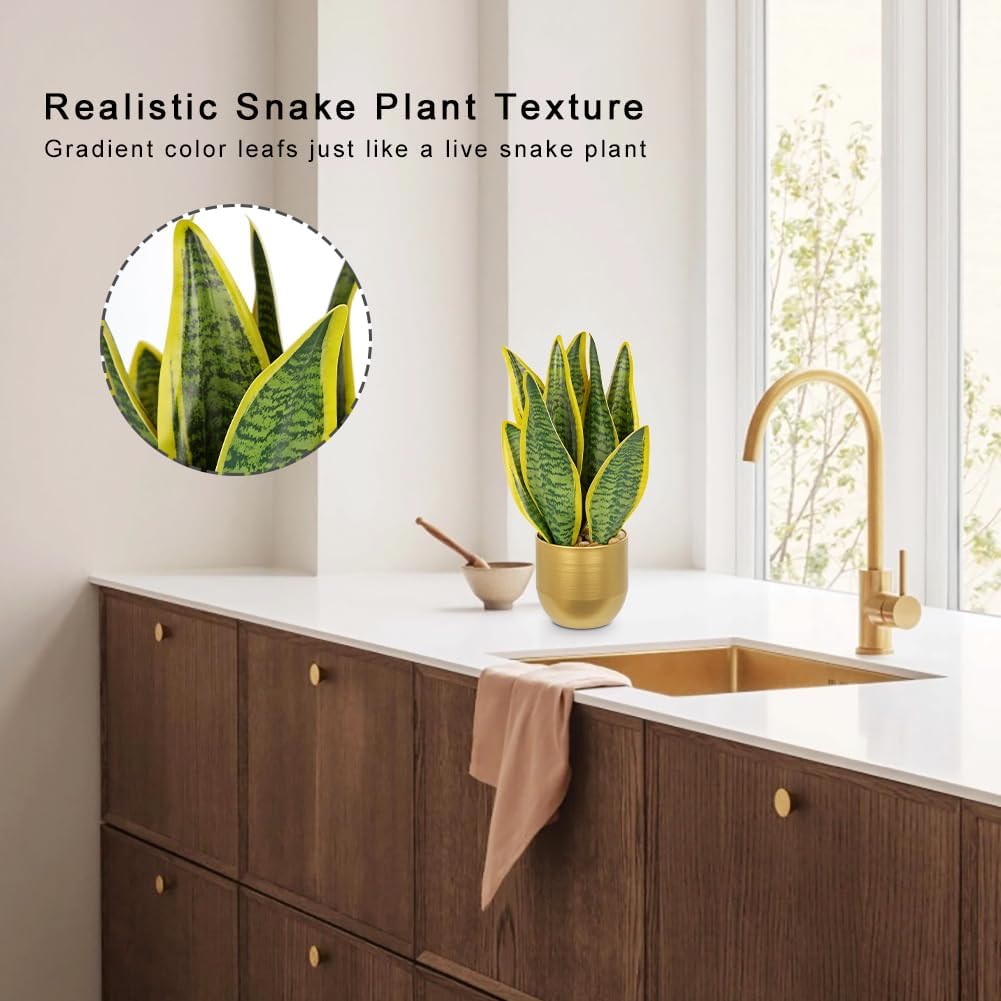 Hollyone Artificial Snake Plant Potted Faux Sansevieria Trifasciata Plants, 13" Tropical Fake Snake Plants in Gold Stainless Steel Metal Pots for Home Office Room Indoor Decor Housewarming Gifts