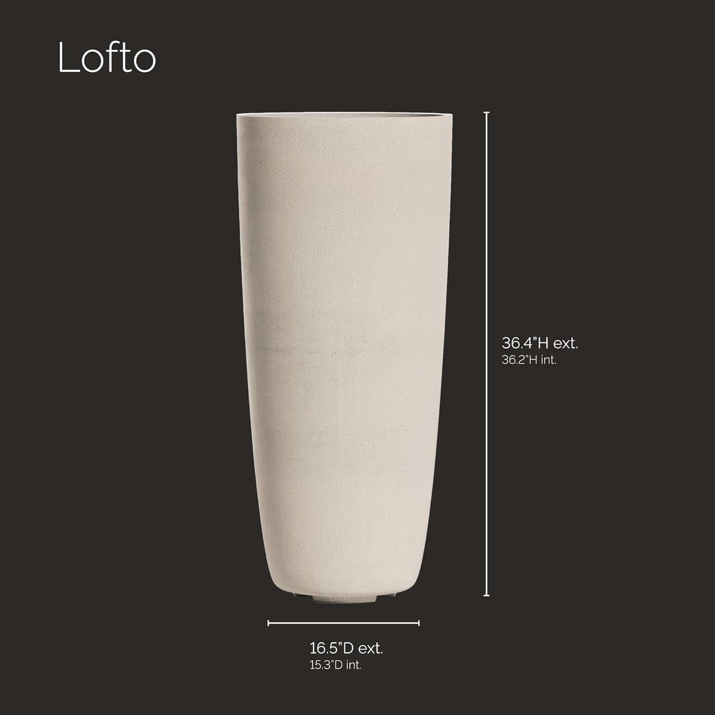 Lofto Tall Planter – Sand Stone Finish – Fiberglass Indoor/Outdoor and Weather-Resistant Large Planter (16.5" D x 36.4" H Exterior, 15.3" D x 36.2" H Interior)