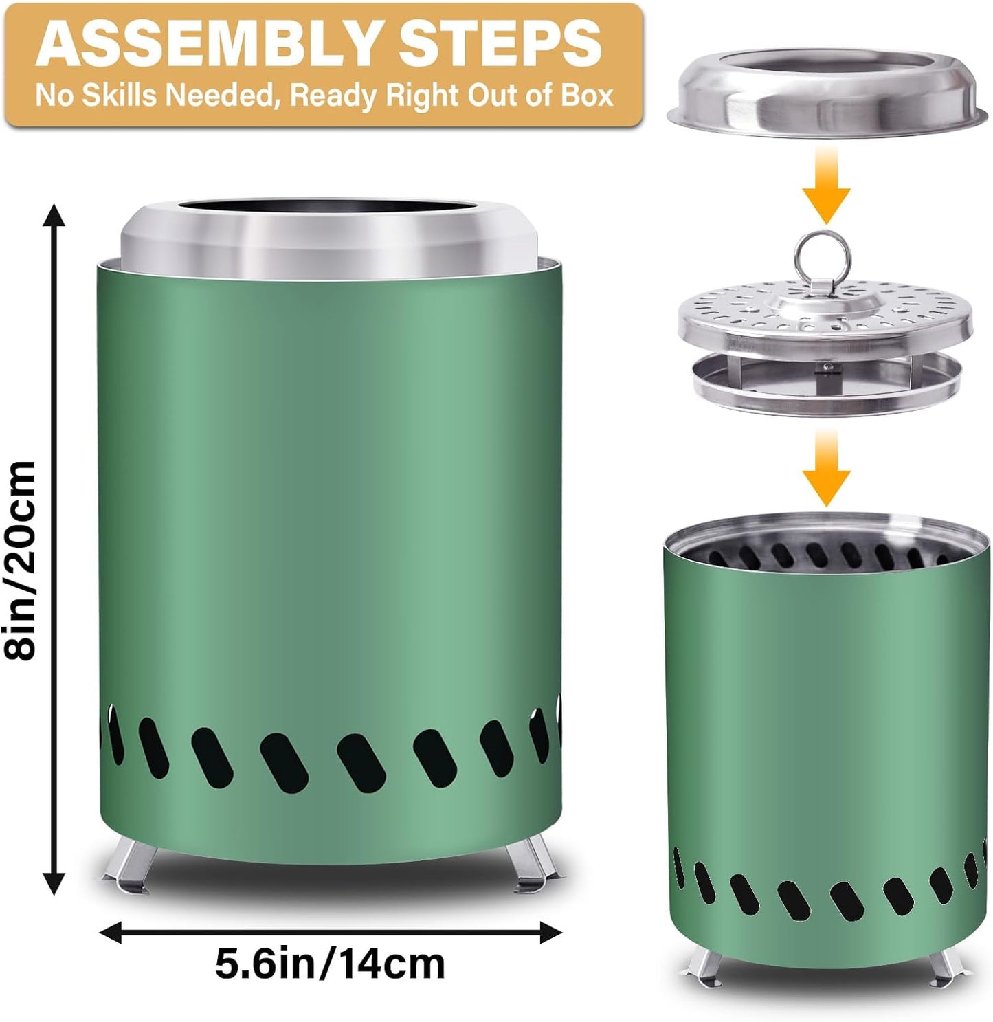 HGD 8.0 x 5.5 in Small Tabletop Fire Pit, Portable Mini Smokeless Table Top Firepit, Low Smoke Camping Stove for Outdoor & Patio, Fueled by Pellets or Wood, with Travel Bag, Stainless Steel, Green