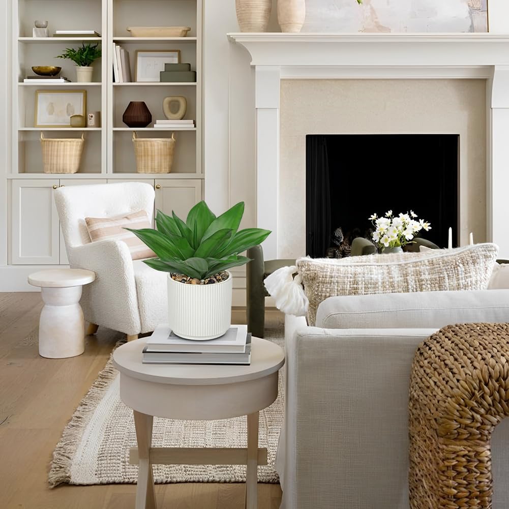 Hollyone Artificial Agave Plants Fake Succulent Agave Plant Potted in White Pot Succulents Aloe Plant for Desk Modern Office Living Room Table Shelf Home Indoor Outdoor Decor