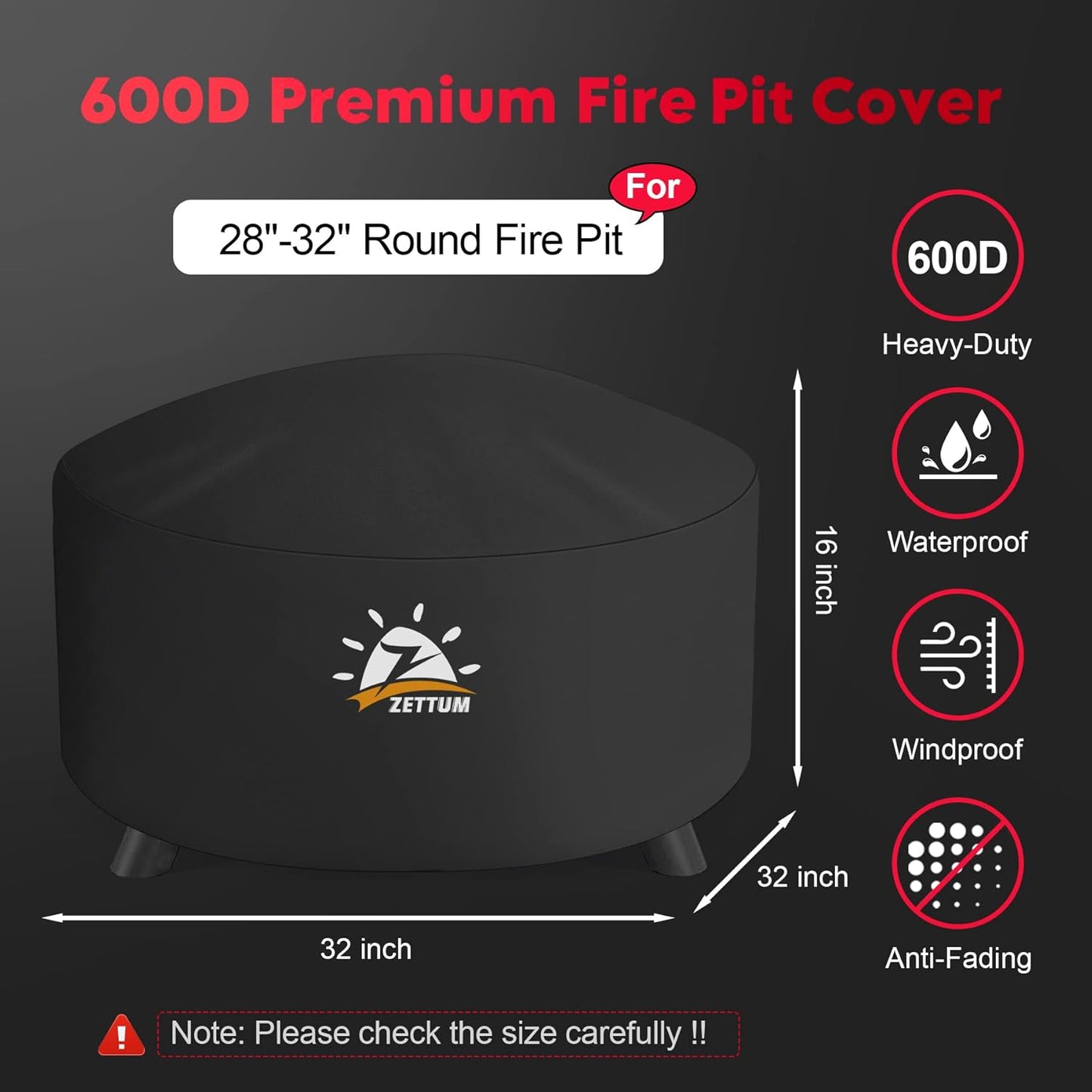 Fire Pit Cover Round 32 Inch - Outdoor Firepit Cover Heavy Duty & Waterproof, 600D Patio Fire Table Cover Gas Fire Pit Accessories Fade & Weather Resistant - 32 x 32 x 16 Inch