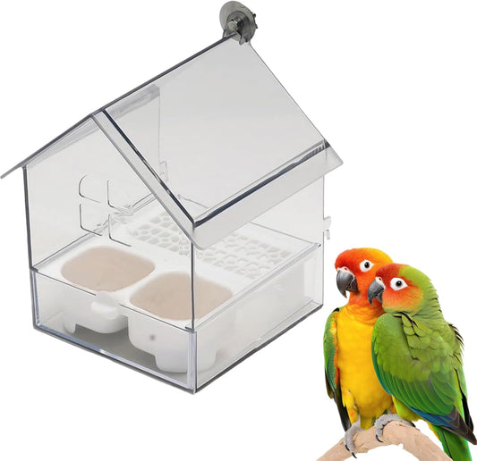 Ziveseller/Sowhathow Pull-Out External Parrot Feeder, Parrot Feeder Parakeet House Bird Bath Transparent Dish Water, Hanging Wild Bird Seed with Squirrel Proof Tray (White)