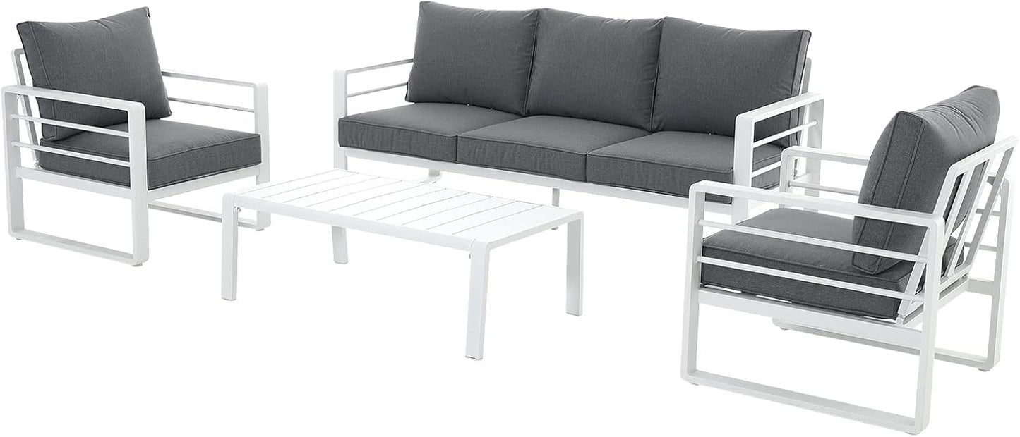 Patiorama Aluminum Patio Furniture Set, 4 PCS Modern Patio Conversation Set, All Weather White Outdoor Sectional Sofa Set w/Coffee Table, 3-Seater Sofa, Superior Olefin Cushion, Garden-Grey Cushion
