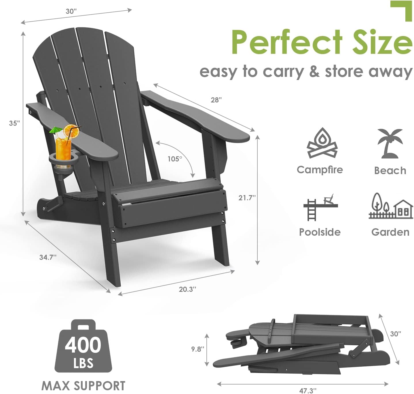 GREENVINES Folding-Adirondack-Chair | HDPE Plastic | Fire Pit Chairs | All Weather | Cup Holder | Grey | for Deck Backyard Patio Outdoor Garden