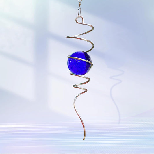 Gazing Ball Spiral Tail with Dark Blue Glass Orb, Wind Spinner Stabilizer for Wind Spinners, Hanging Decoration Decor for Garden Yard Patio Outdoor Indoor, Creative Gift, 13in Height
