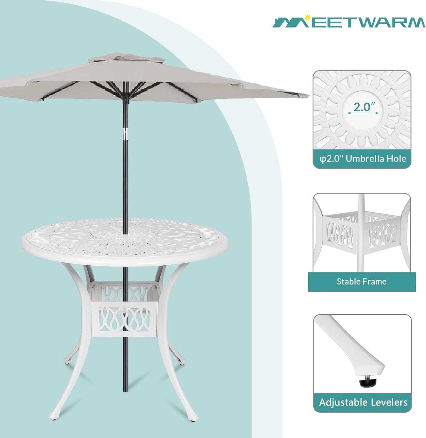 MEETWARM 3 Piece Patio Bistro Set, Outdoor All-Weather Cast Aluminum Dining Furniture Set Includes 2 Cushioned Chairs and a 35.4” Round Table with Umbrella Hole for Garden Deck, White