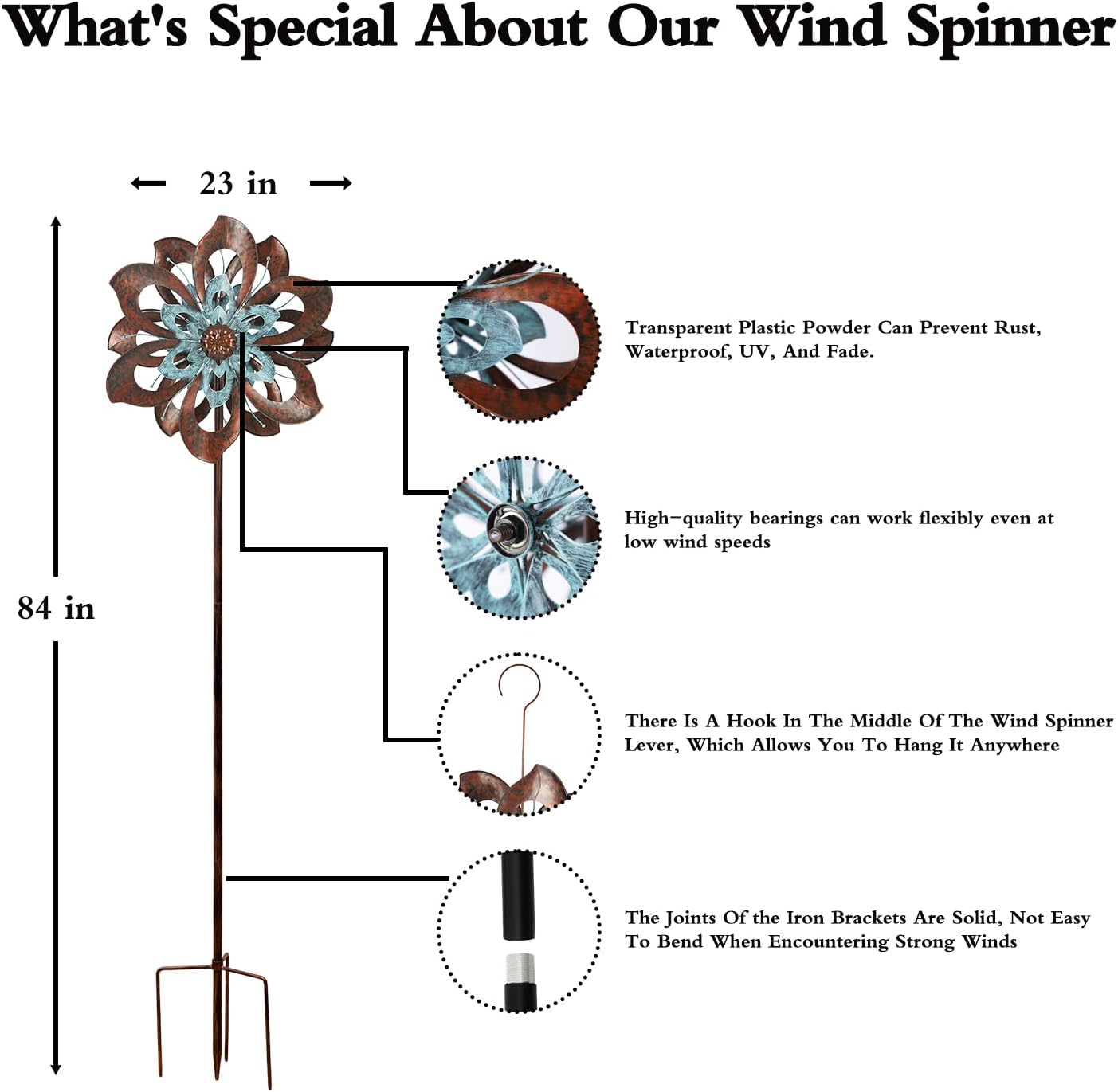 Garden Wind Spinner,Flower Wind Spinner,Outdoor Metal Wind Sculpture & Spinner Large 23 inch Dia 84 inch Height Kinetic Windmill for Garden Yard