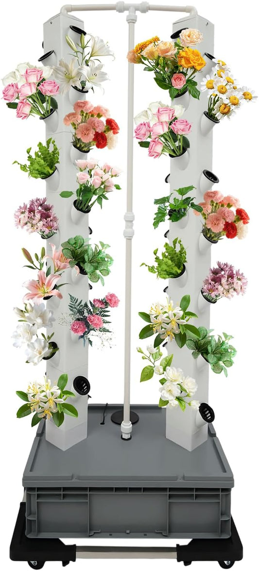 Hydroponic Growing System Indoor Outdoor, 56-Plant Vertical Garden Planter Germination Kit, Hydroponics Growing Tower, Smart Garden Vegetable Plant Kit with Pump & Wheels, Grey Base