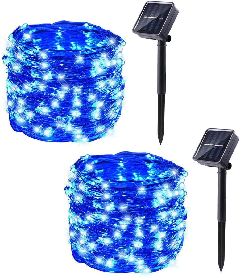 Lomotech Solar String Lights Outdoor - 2 Pack Total 66ft 200LED Solar Fairy Lights Waterproof 8 Modes Twinkle Lights for Outdoor, Patio, Garden, Yard, Party, Wedding, Tree Decoration (Blue)