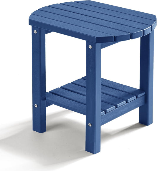 PASAMIC Outdoor Side Table, HDPE Adirondack Oval Side Table with 2-Tier Storage, Weather Resistant Outdoor End Table for Patio, Backyard, Indoor Companion, Beach, Easy Maintenance Table (Navy Blue)