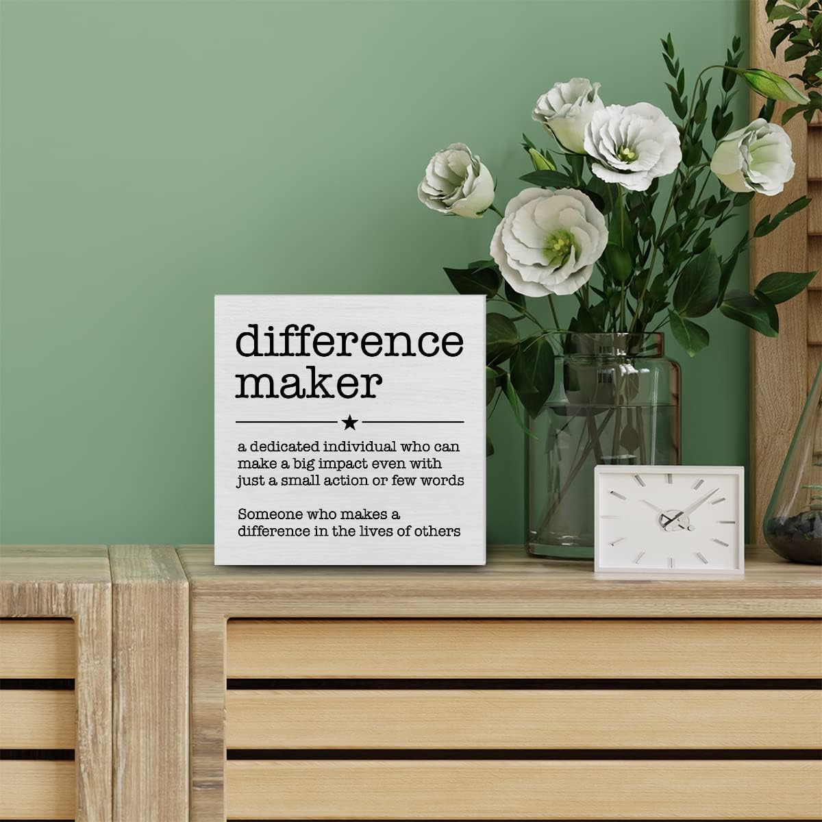 PIXCEOS Difference Maker Definition Decorative Wooden Box Sign Thank You Appreciation Gift for Teacher Boss Leader Coworker Wood Block Plaque Desk Decor Office Shelf or Wall Display