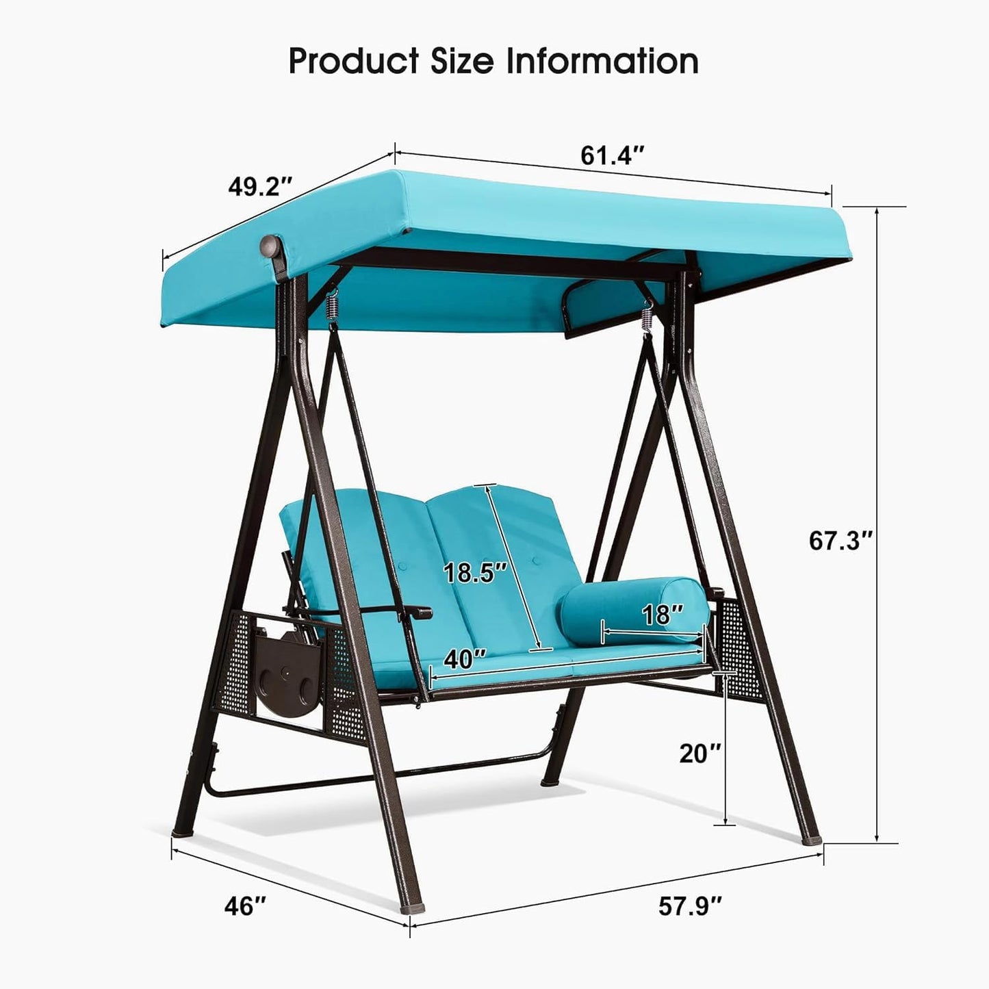 PURPLE LEAF 2-Seat Deluxe Outdoor Patio Porch Swing with Weather Resistant Steel Frame, Adjustable Tilt Canopy, Cushions and Pillow Included, Turquoise Blue