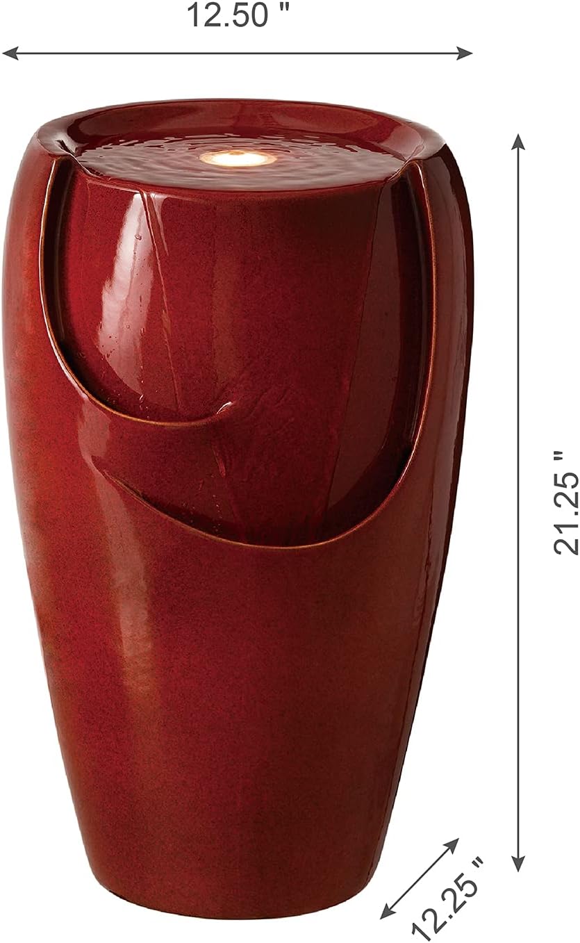 Glitzhome 21.25" H Ceramic Vase Outdoor Water Fountain Tall Patio Garden Water Fountain with LED Light and Submersible Pump Yard Art Decor, Red