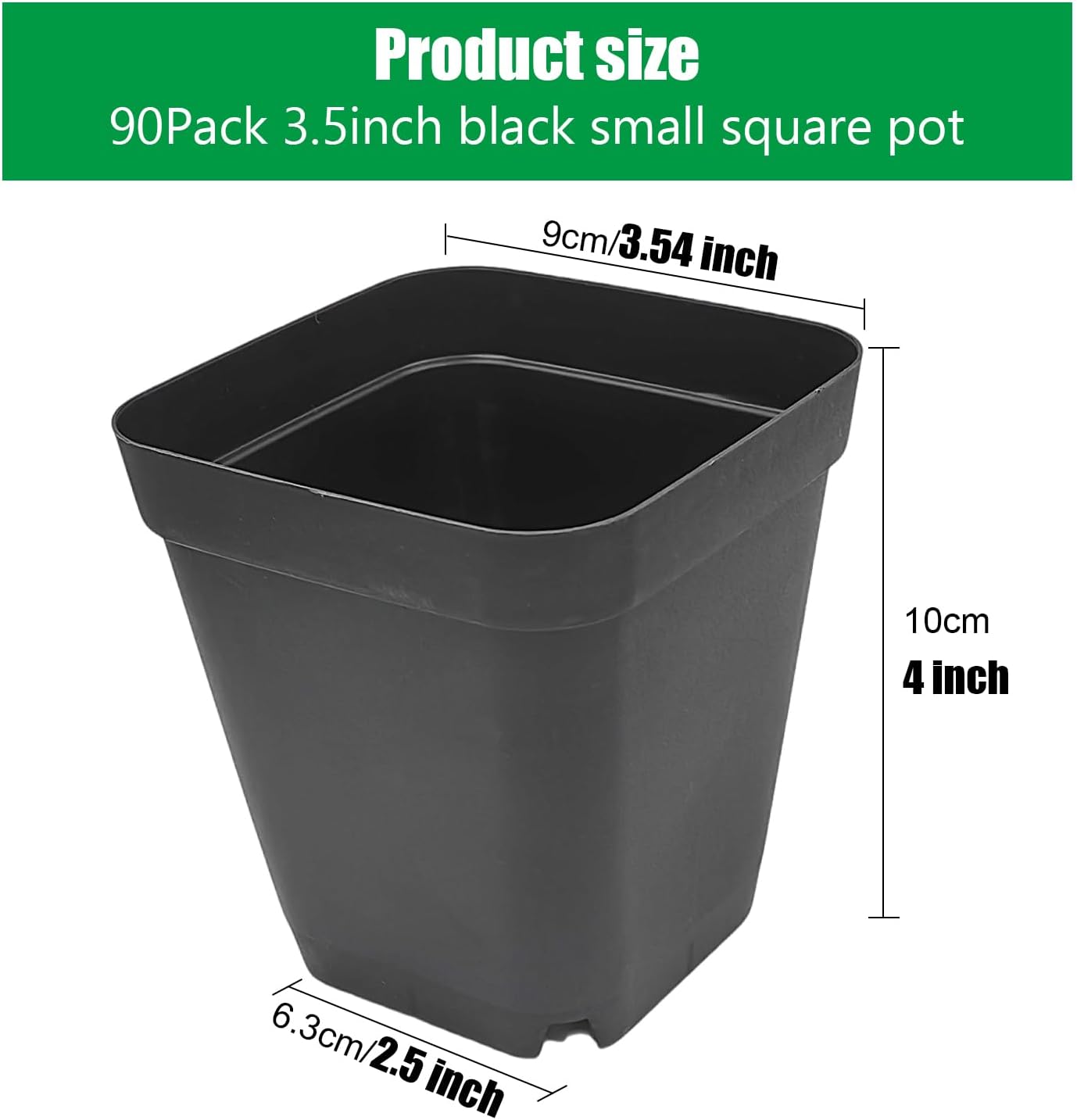 Square Nursery Pots 3.54Inches 90 Pcs Seedling Flower Post Plastic Thick Seed Start Germination for Plant Propagation,Sturdy Suit for 1020 Trays(Black,3.54Inches,90Pcs)