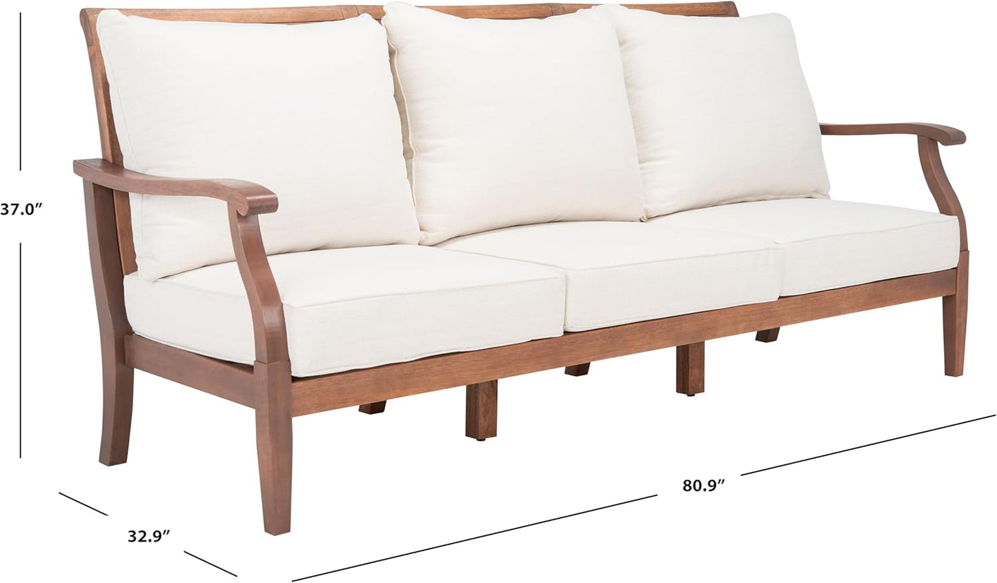 SAFAVIEH Couture Home Collection Payden Natural Wood/Beige Cushion 3-Seat Outdoor Patio Sunroom Porch Backyard Veranda Sofa