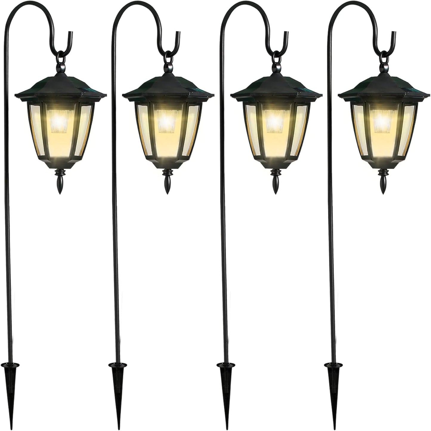 Dynaming 4 Pack Solar Hanging Lights Outdoor, Solar Powered Garden Decorative Lanterns with 4 x 38 Inch Shepherd Hooks, Waterproof Landscape Lighting for Lawn Patio Yard Pathway Driveway, Warm White