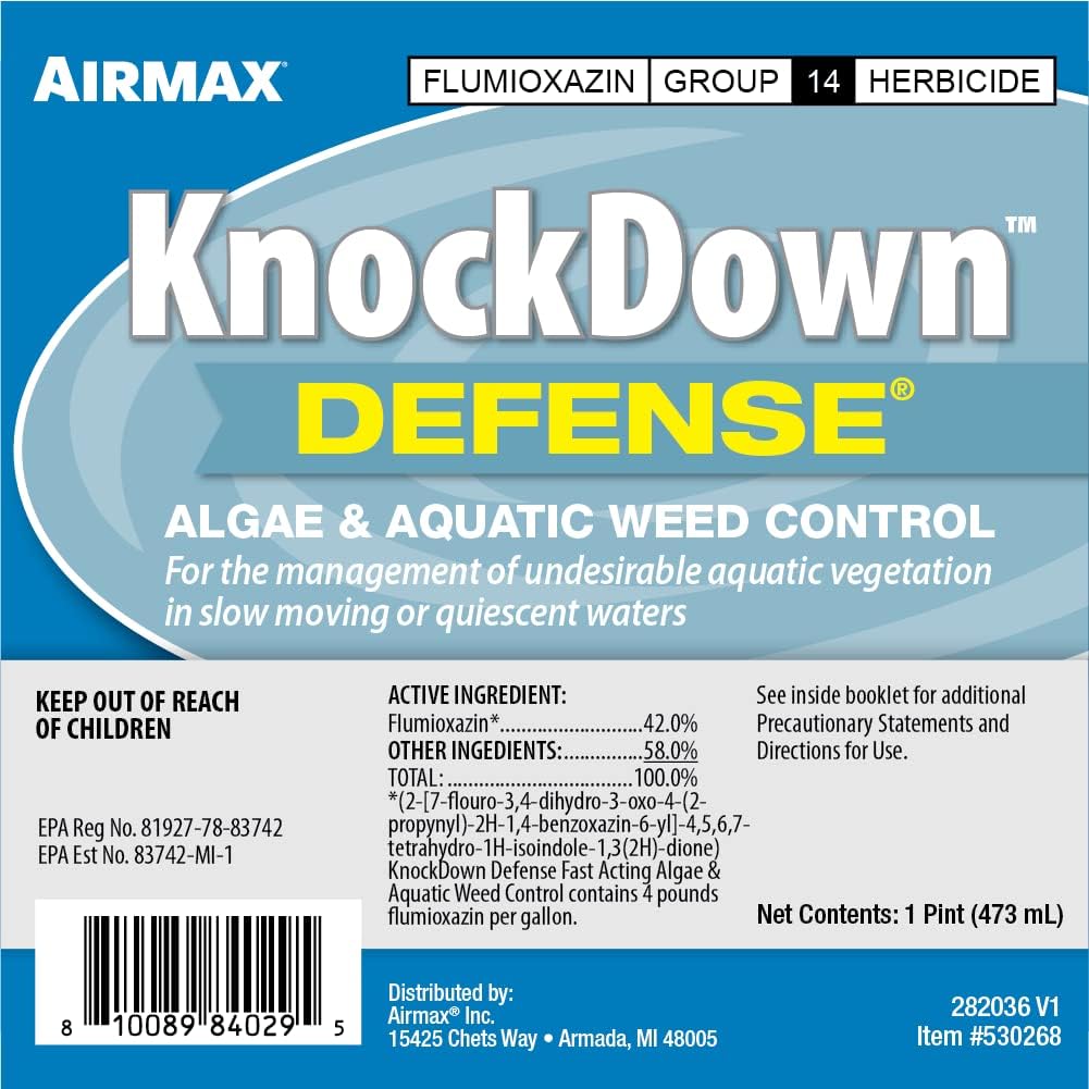 Airmax Knockdown Defense 2-in-1 Liquid Pond Algae Control, Effective & Fast Acting Algaecide, Aquatic Weed Treatment for Clear Water in Ponds & Lakes, Liquid Formulation for Easy Use, 16 fl oz