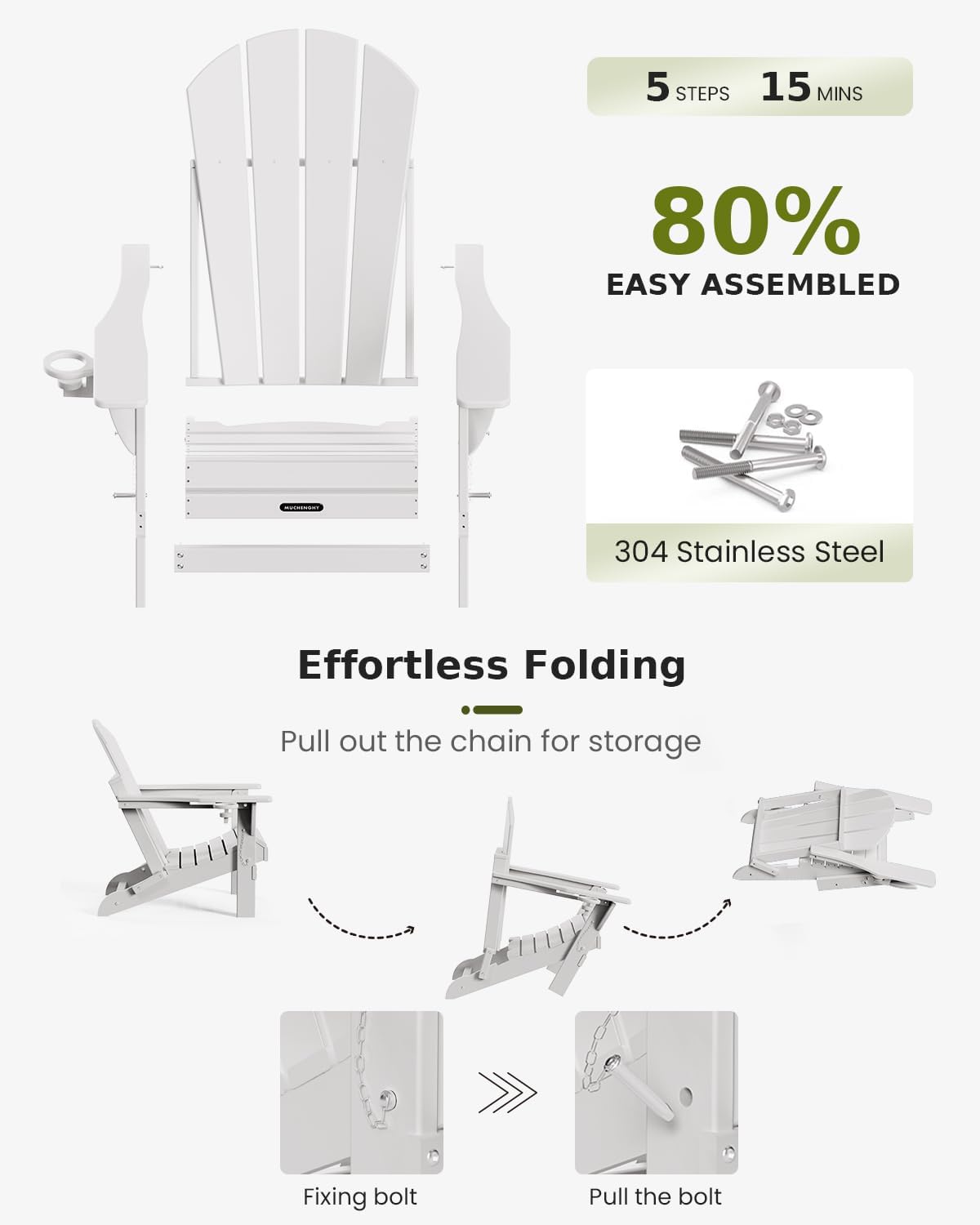 MUCHENGHY Folding Adirondack Chairs 2 Pack, Patio & Lawn Chairs, Outdoor & Backyard Chairs, Weather Resistant with Cup Holder, White