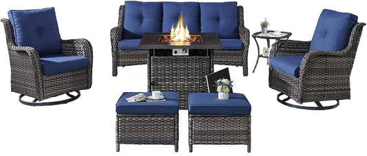 Outdoor Patio Furniture Set with 50000BTU Propane Fire Pit Table, 7 Pieces Wicker Patio Conversation Set with 2 Swivel Glider Rocker Chairs Rattan Sofa Blue Cushion Perfect for Casual Gathering
