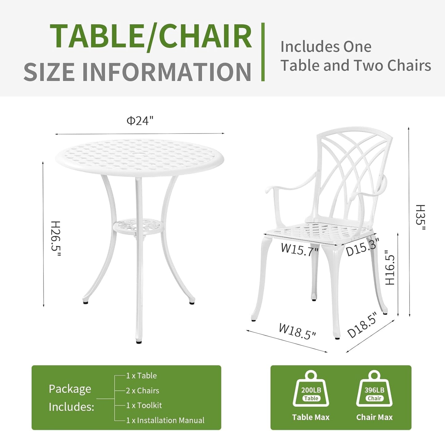 Patio Bistro Set 3 Piece with Umbrella Hole, Outdoor Bistro Table and Chairs Set of 2, Patio Bistro Set 3 Piece White, Cast Aluminum Furniture for Park Yard Front Porch