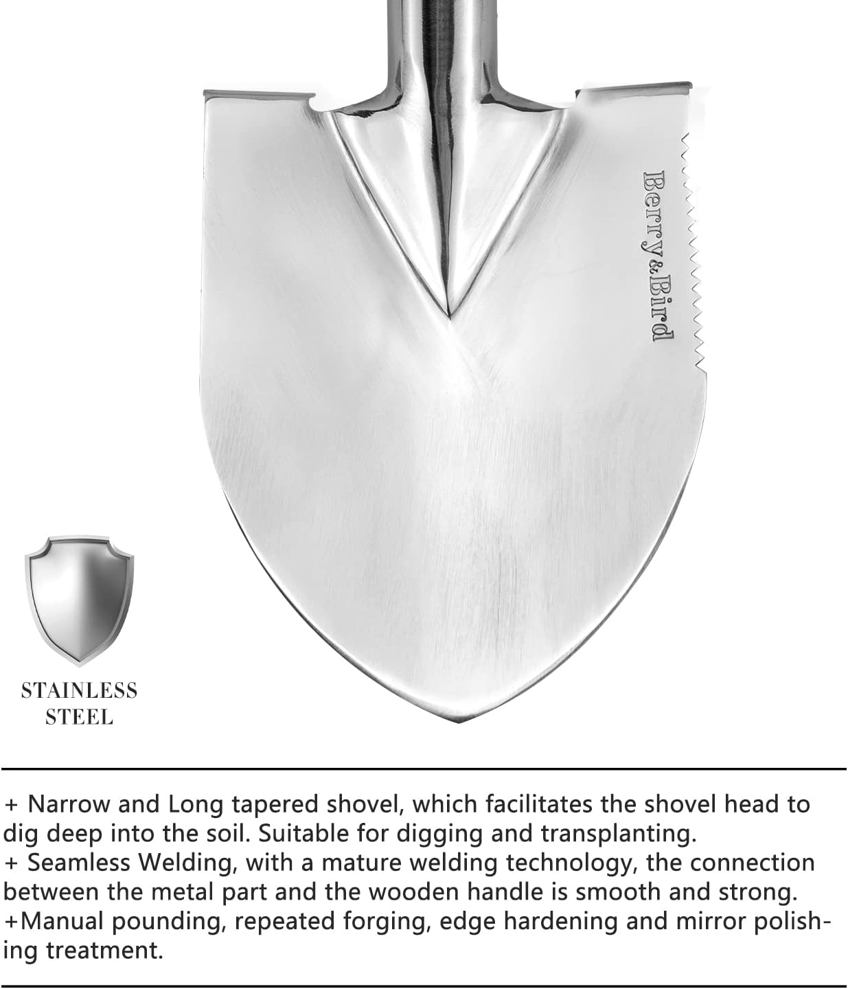 Berry&Bird Short Hand Shovel, 19.8’’ Digging Trowel for Gardening with Wood Handle Stainless Steel Round Point Spade Shovel with Serrated for Cutting, Transplanting & Weeding