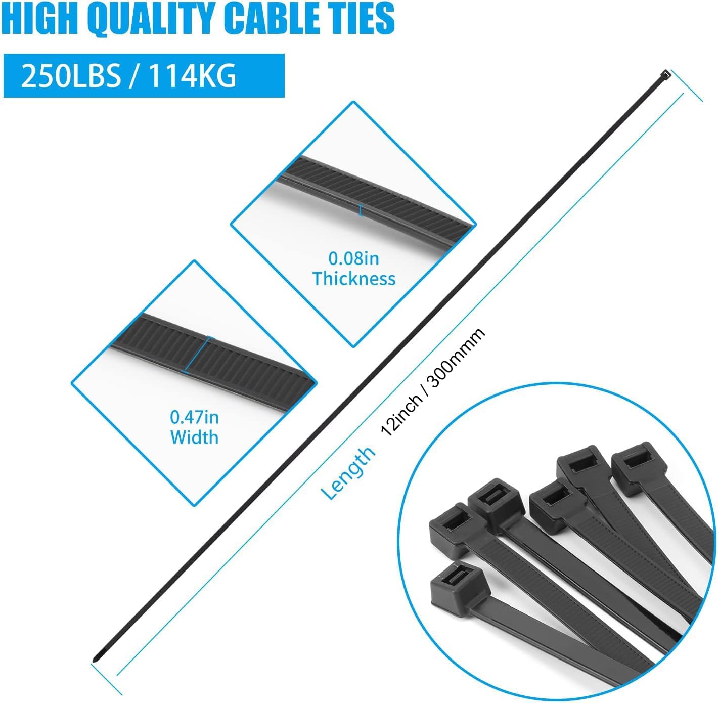 12 inch Silver Zip Ties Heavy Duty 100 PCS, 250 LBS Ultra Exclusive Strong Plastic Wire Ties, Large Cable Ties Extra Long Tie Wraps, Indoor and Outdoor UV Resistant