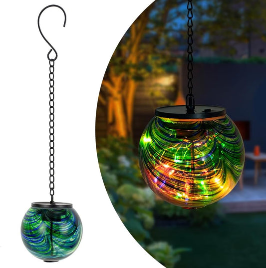 Solar Hanging Lanterns Outdoor, Waterproof Solar Gazing Ball Lights, Color Changing Led Glass Globe Lights for Garden Yard Tree Party Decor, Green Swirl