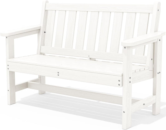 SERWALL Outdoor Bench, HDPE Outdoor Benches Weatherproof, 2-Person Garden Bench with 660 lbs Weight Capacity, Patio Benches for Outdoors, Garden, Porch, Backyard and Park, White