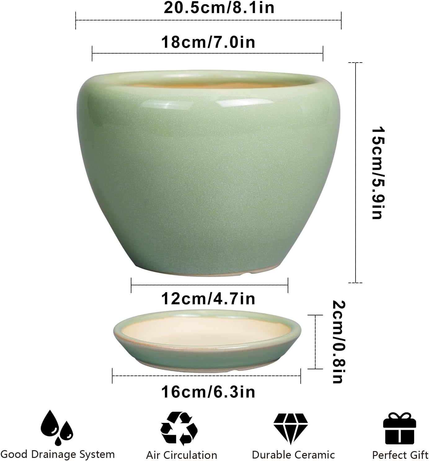 8 Inch Plant Pot - Ceramic Planter for Outdoor Plants Indoor Plant Pot with Drainage Hole and Saucer Mid-Century Round Planter Flower Pot for House Garden Green