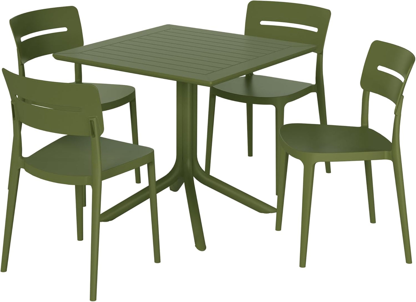 5-Piece Outdoor Dining Set, HDPE Patio Square Bistro Table and Stackable Chairs Sets for 4, Patio Furniture All Weather for Backyard Poolside, Olive Green