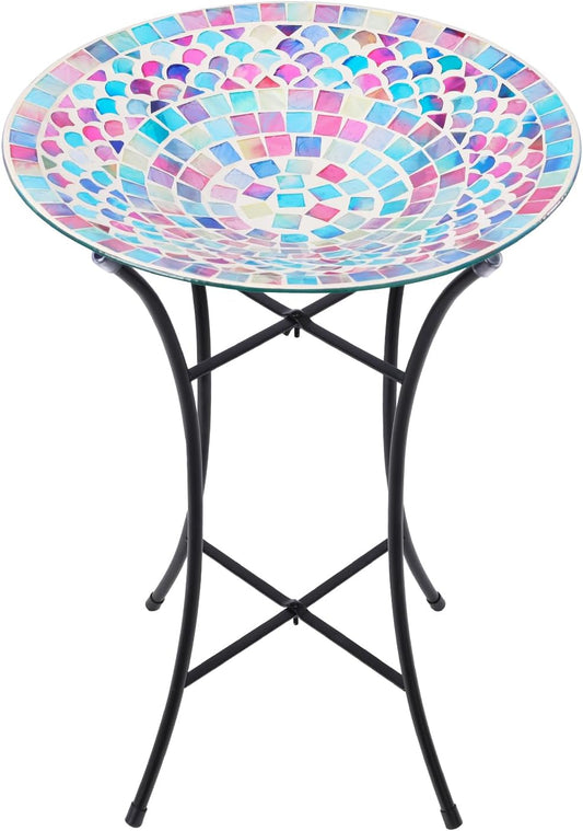 MUMTOP Mosaic Glass Bird Baths, 14 Inch Width Outdoor Garden Bird Bath Bowl with Metal Stand, Unique Glass Birdbaths Bird Feeder for Yard Decor, 19.68 Inch Height