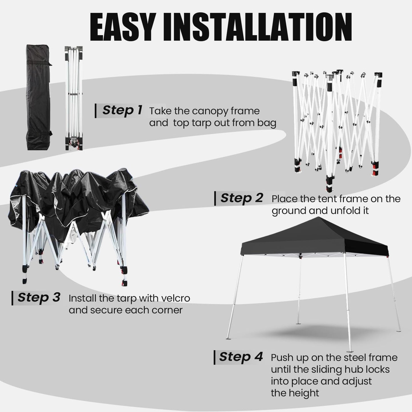 10x10 Pop Up Canopy, 300D Silver Coated Black Fabric Outdoor Gazebo, Beach Tent Slant Legs with Storage Bag,Easy Up Sun Shade Shelter Tents with 8x8 Top Cover for Patio,Party