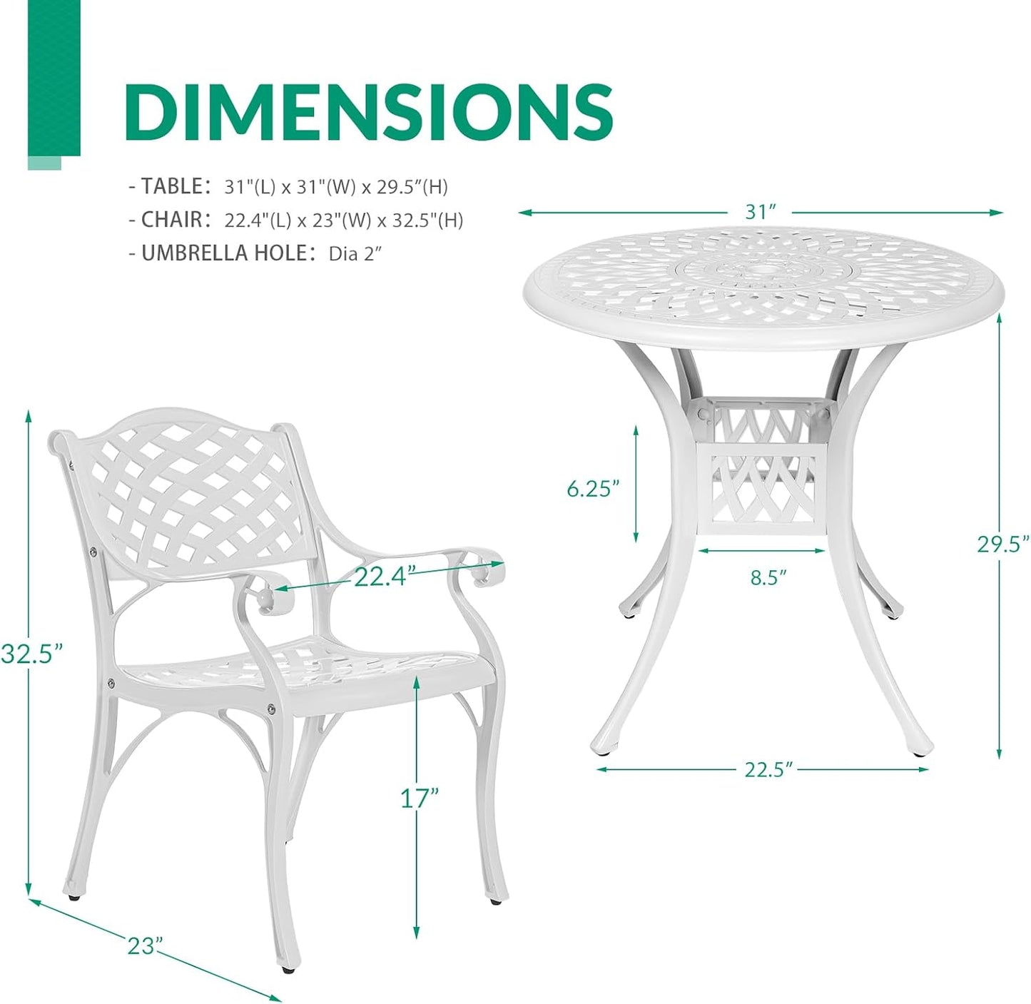 VIVIJASON 3-Piece Patio Furniture Dining Set, All-Weather Cast Aluminum Outdoor Bistro Set, Include 2 Dining Chairs and 31" Round Table w/ 2" Umbrella Hole for Balcony, Lawn, Garden, Backyard, White