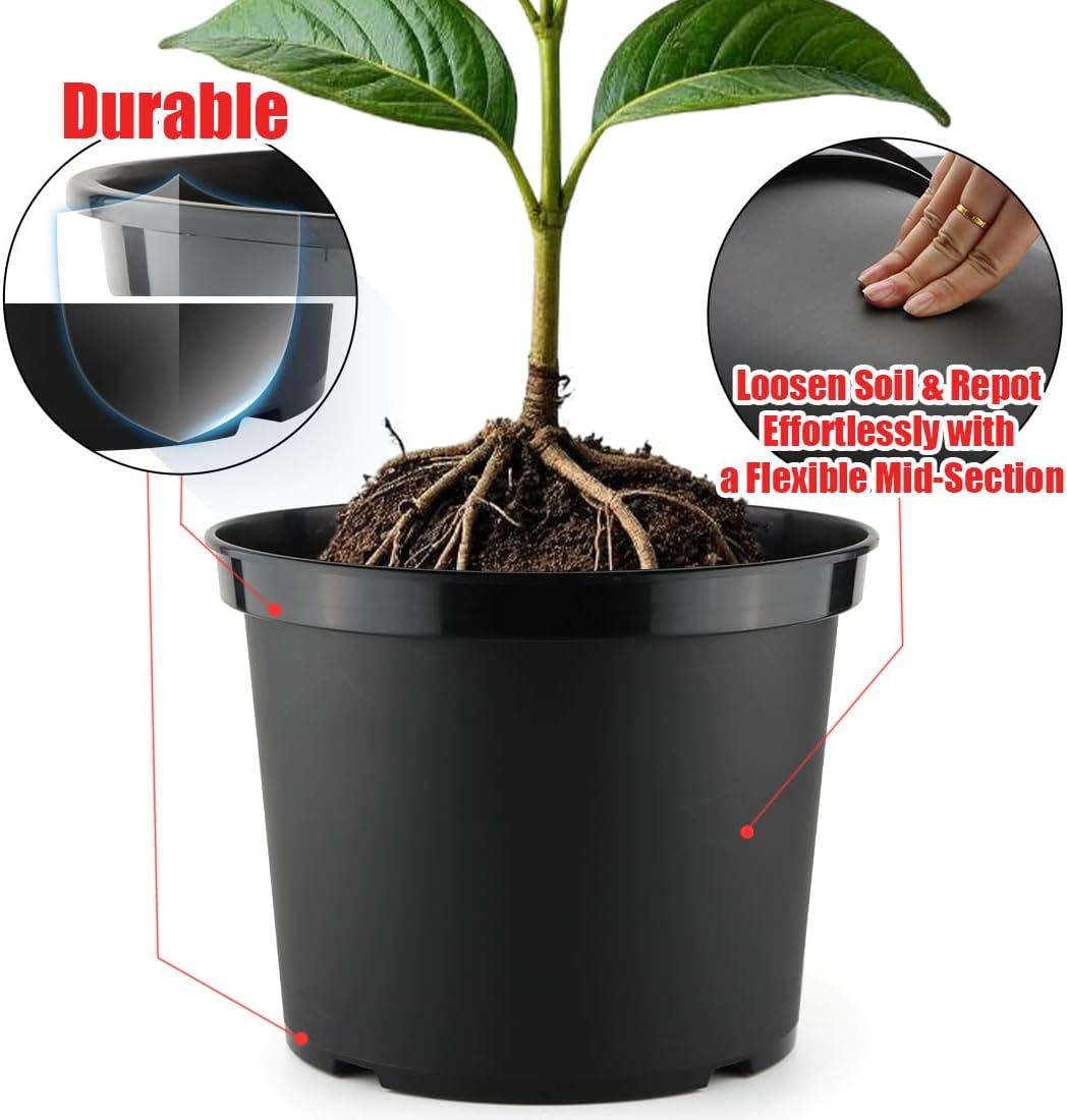 5 Gallon Nursery Pots 10-Pack, 12 Inch Plastic Planter with Drainage Holes – Round, Sturdy, Deep Design for Indoor/Outdoor Plants