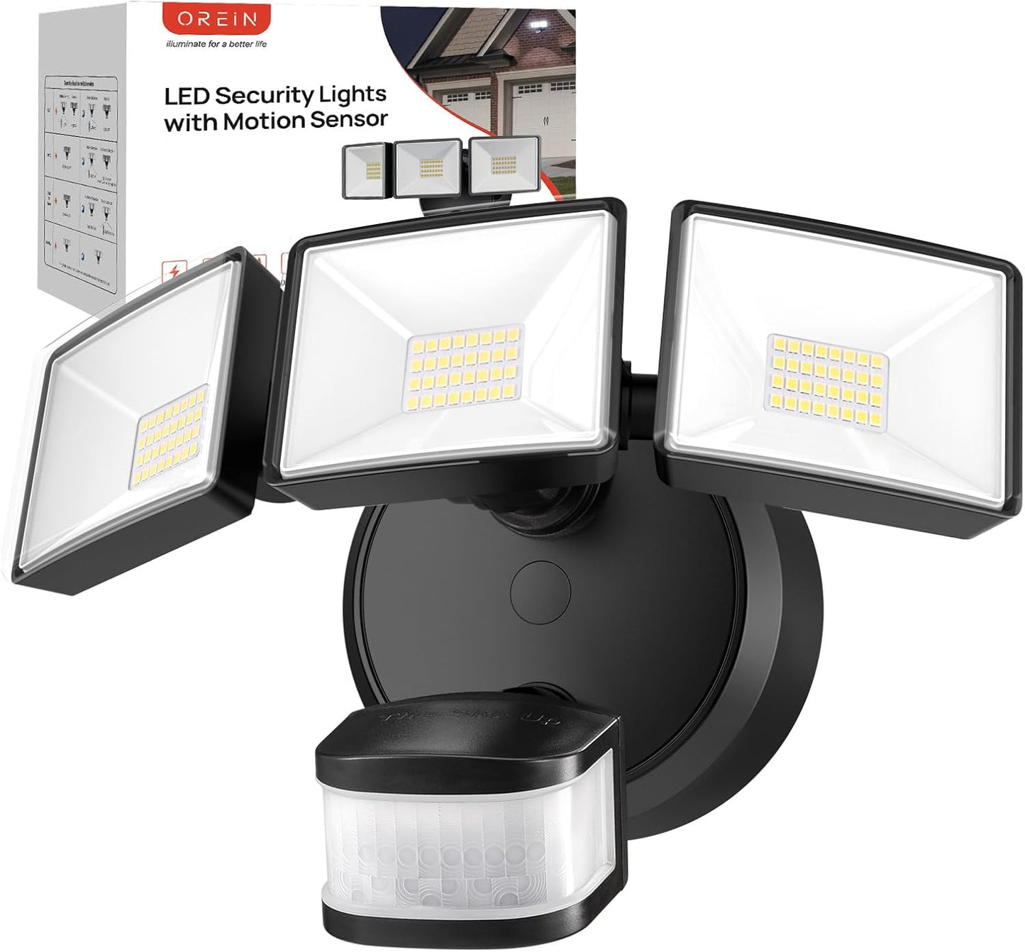 OREiN 6500LM/42W Flood Lights Outdoor, 180°/75FT Motion Sensor Outdoor Lights 4 Modes Dimmable Dusk to Dawn Floodlights IP65 Waterproof for 6000SQ.FT Area for Big Patio, Driveway, Black (Hardwired)