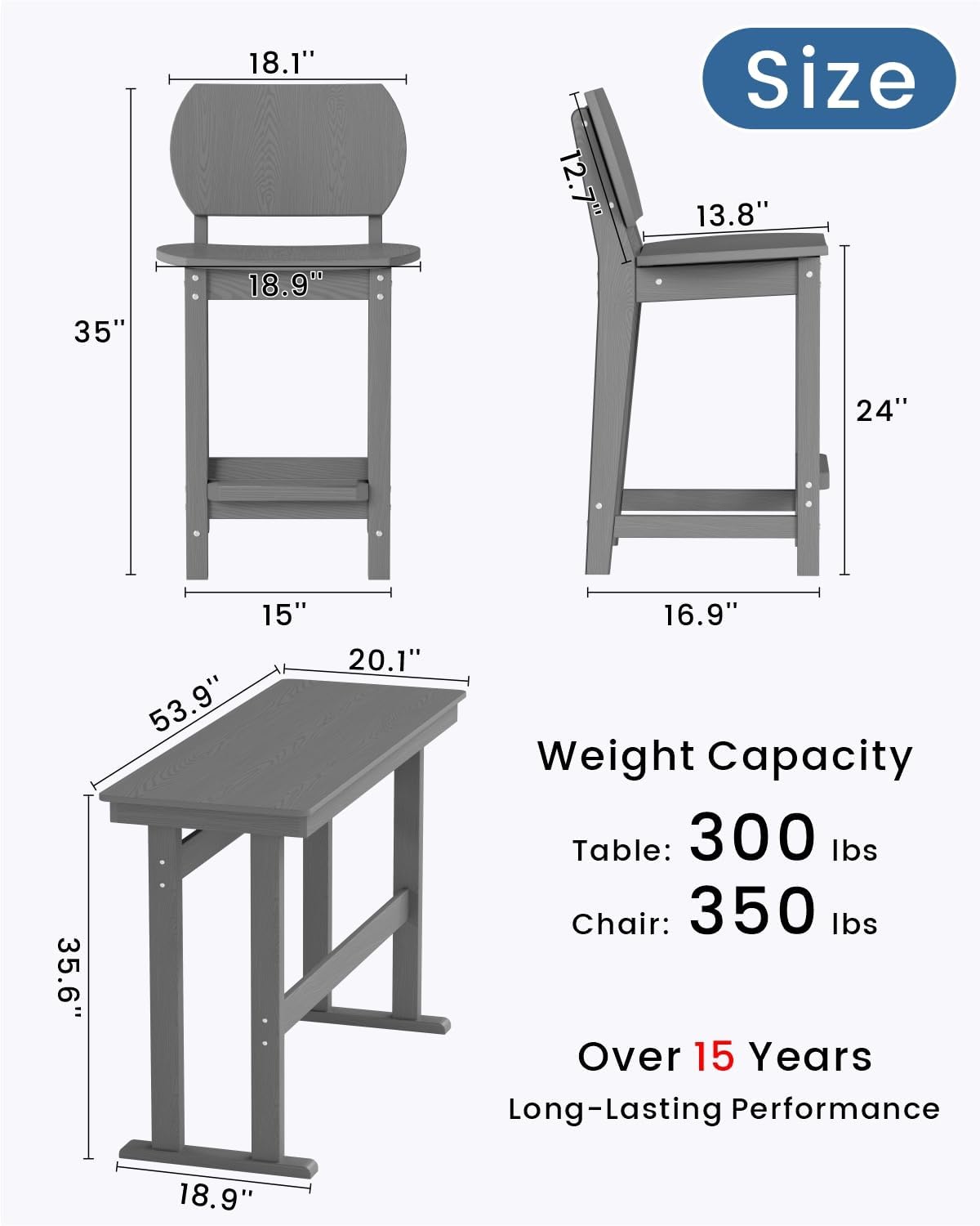 3-Piece Outdoor Patio Bar Table and Chairs Set, All-Weather HDPE High Top Table with 2 Armless Bar Stools, HDPE Bar Furniture Set for Outside, Poolside, Backyard, Garden (Grey)