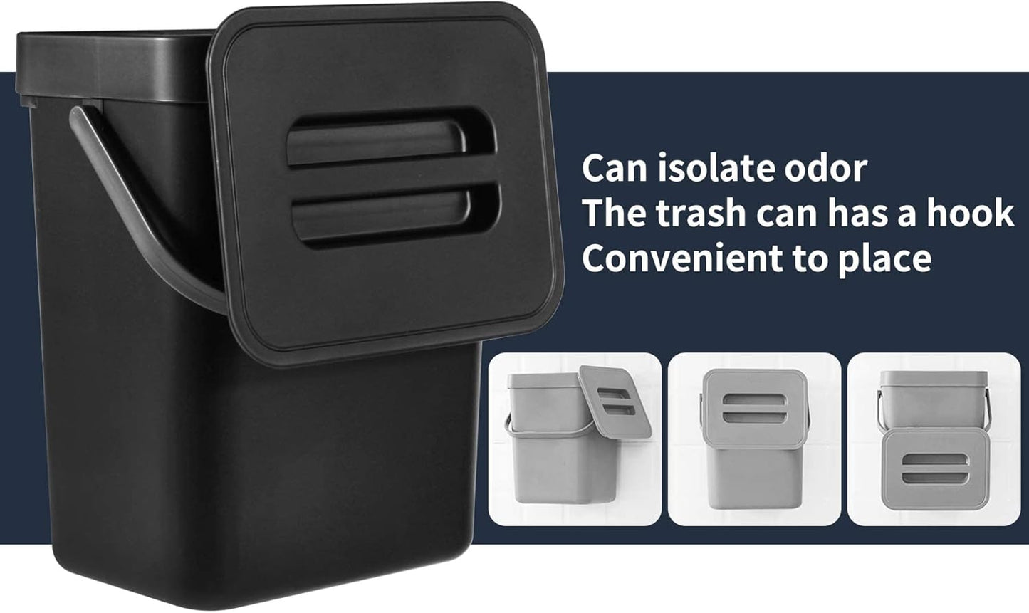 Domiella 2 Pack 1.3 + 0.8Gal Hanging Small Trash Can with Lid, Kitchen Compost Bin for Counter Top Under Sink, Sealed Food Waste Bin, Mountable Indoor Compost Bucket for Cupboard/Bathroom (Black)