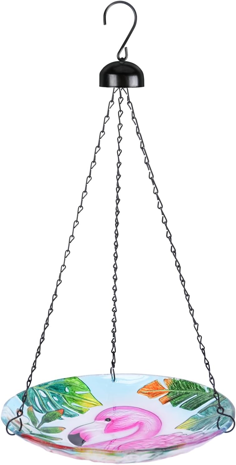 VCUTEKA Glass Hanging Bird Bath for Outdoors, BirdBaths with 21-Inch Rust-Proof Chain, Garden Yard Decor, Flamingo Pattern