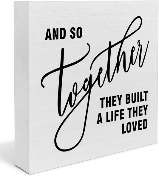 Family Decor, Together They Built A Life Rustic Farmhouse Wooden Box Sign, Family Home Decorations for Living Room Bedroom Desk Table Shelf