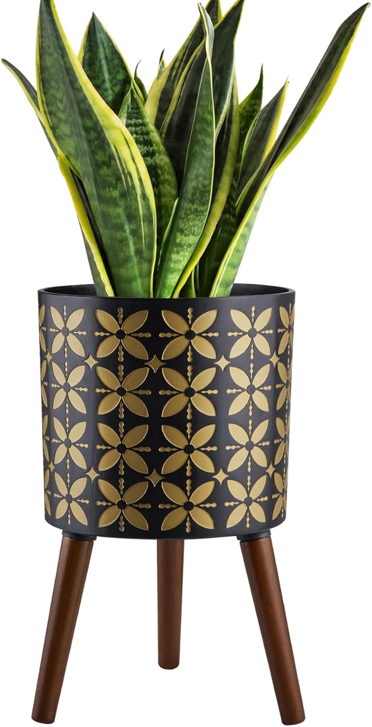 10 Inch Plant Pot with Stand, Planter for Indoor Plant Mid-Century with Drainage Holes for Outdoor,Black and Gold