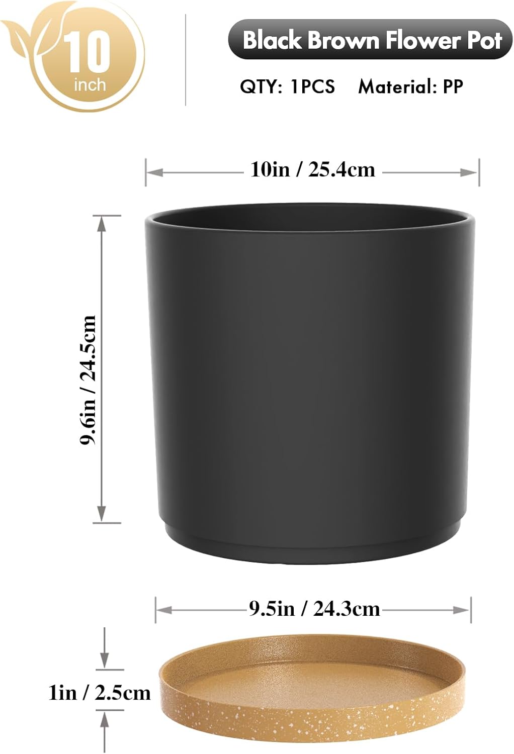 10 Inch Large Deep Plant Pots for Indoor Outdoor, Tall Cylinder Flower Pots with Drainage Holes & Saucer, Big Plastic Planter Pots for Garden House Plants, Black with Brown