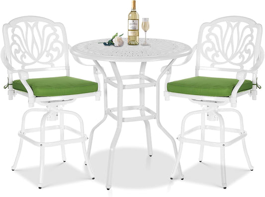 3 Pieces Patio Swivel Bar Set, Patio High Top Bar Table and Chairs Set, All-Weather Cast Aluminum High Swivel Bar Stools Chair Set of 2 and 35.4" Table, Patio Bistro Set for Garden,White