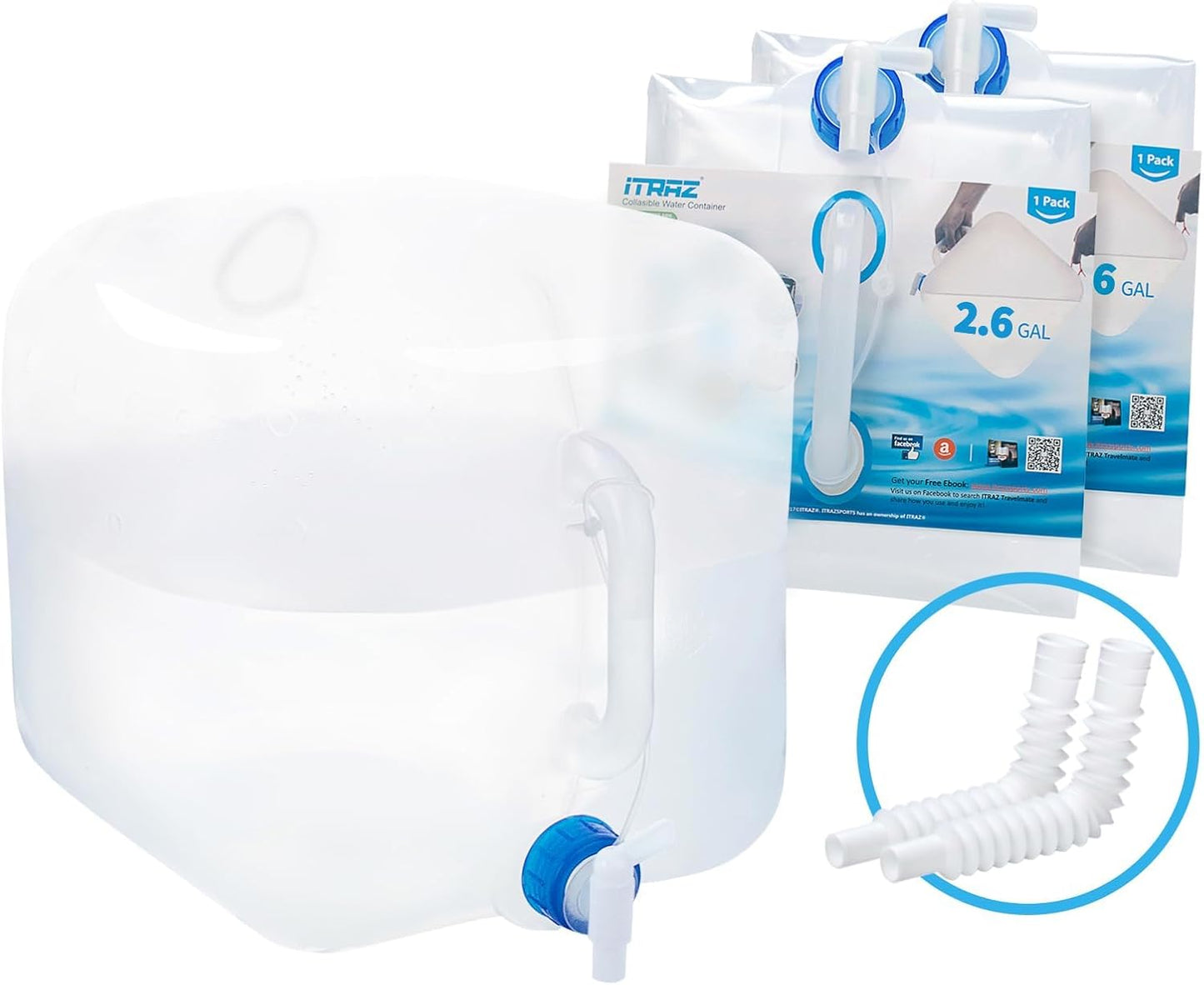 Collapsible Water Container with Spigot, 2×2.6 Gallon BPA Free Camping Water Storage Jug Carrier for Outdoors Hiking Backpack RV&Emergency, Survival Water Canteen-Portable Foldable Transparent