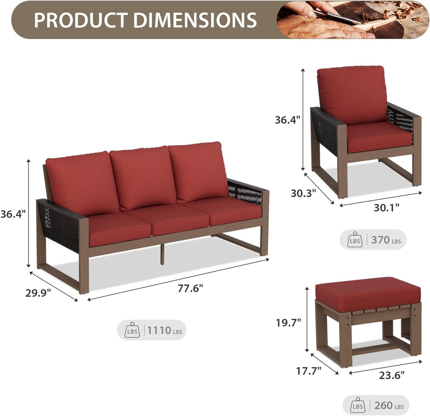 EAGLE PEAK Natural Wood Outdoor Patio Furniture, Cedar Furniture, Conversation Set, Outdoor Seating for Deck Patio Porch, Sofa, 2 Chairs & 2 Ottomans, 5 Pieces, Brown/Red