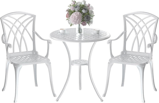 Patio Bistro Set 3 Piece, Cast Aluminum Bistro Set for 2 w/Umbrella Hole, Outdoor Table and Chairs Set of 2, Bistro Set for Balcony/Backyard/Garden, White