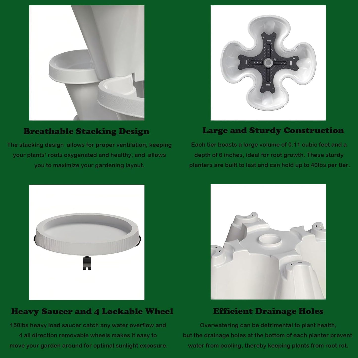 7 Tiered Strawberry Planters 2 Pack, Vertical Stackable Planter, Herb Stacking Tower Garden, Flower and Vegetable Planters with Support Pole Indoor and Outdoor with Removable Wheels - White