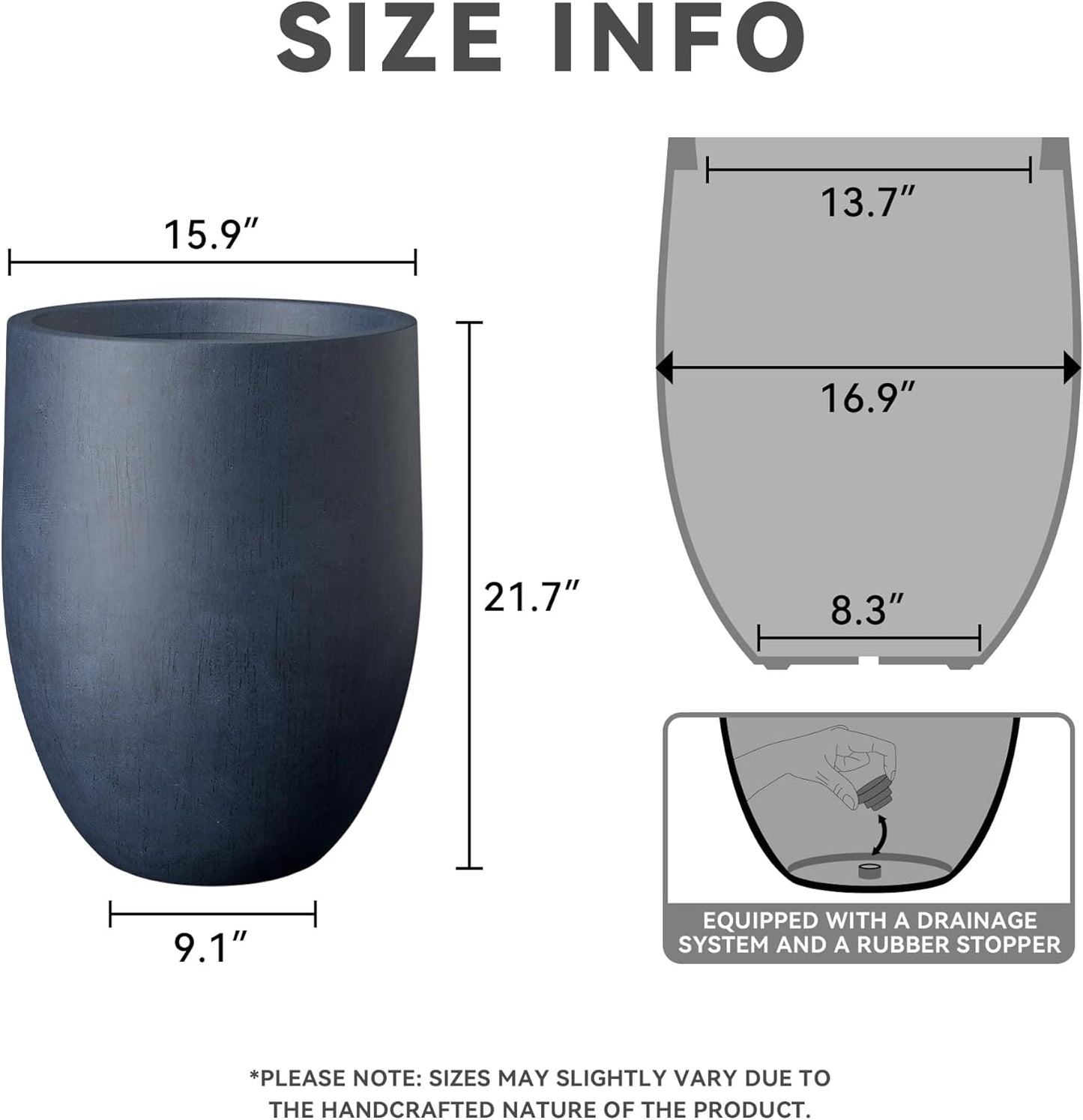 Kante Tall Concrete Planter, 21.7-Inch Height Antique Blue Large Indoor Outdoor Plant Pot with Drainage Hole for Patio Garden Home, Modern Decor for Flowers and Tree