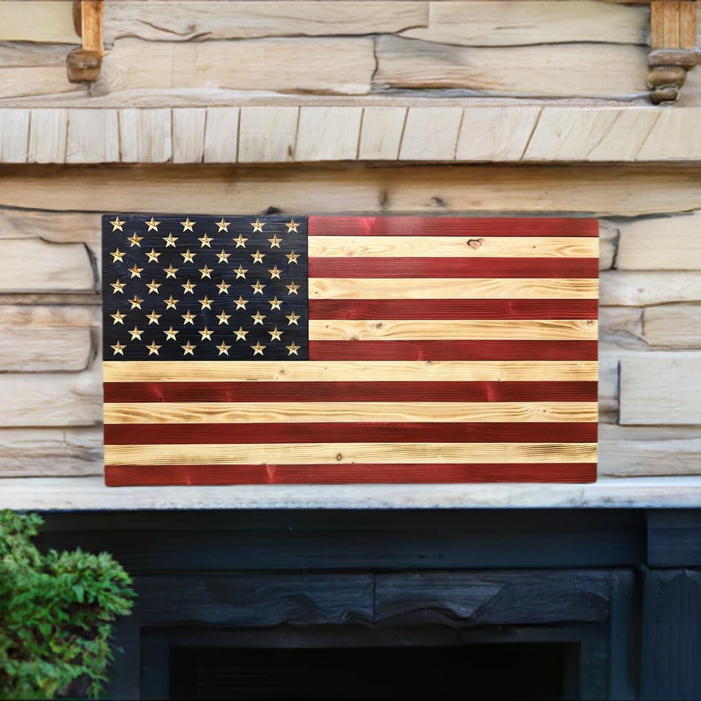 Rustic Wooden American Flag, Patriotic Wall Art (Natural Finish, 19.5x36)
